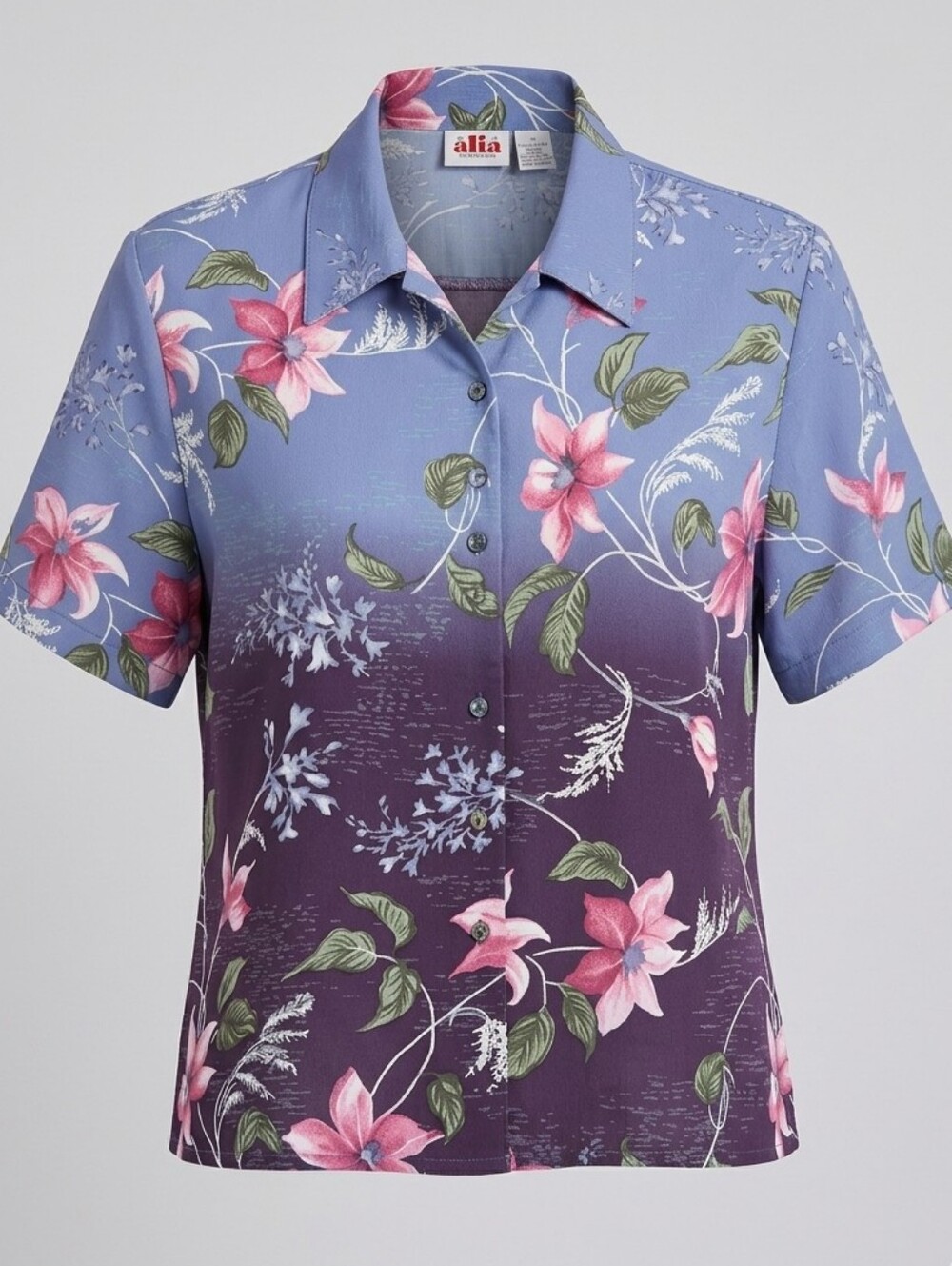 Vintage Alia Blue Purple Floral Hawaiian Ombre Short-Sleeve Women's Shirt Sz 14